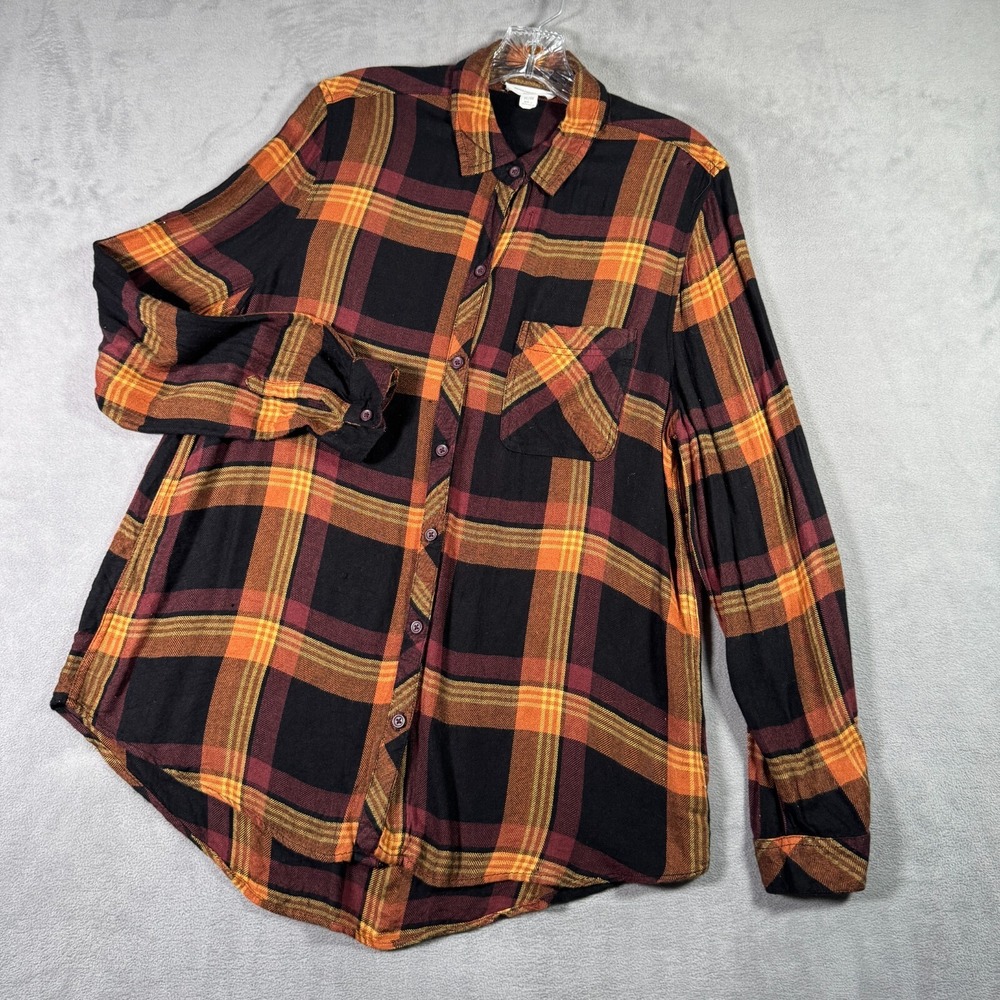 Beach Lunch Lounge‎ Shirt Womens M Black Orange Plaid Flannel Button Up Western